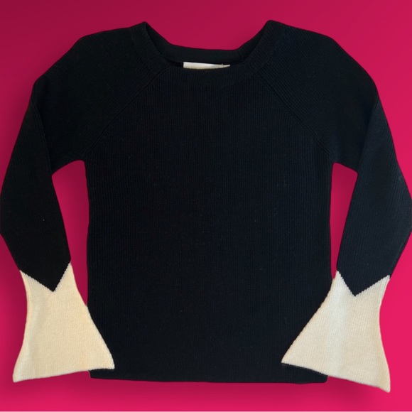 Merino Wool Crew Sweater Black Small Contrast Ivory Sleeves - Picture 4 of 13